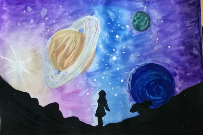 Таинственный космос рисунки. Рисунок на тему космос. Рисование космос. Космос красками для детей. Космический пейзаж для детей.